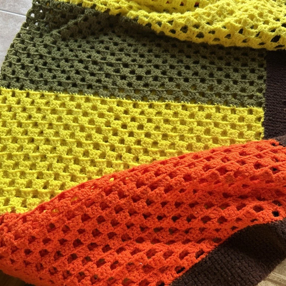 vintage afghan blanket Crochet Olive‎ Yellow Brown Orange 60x65